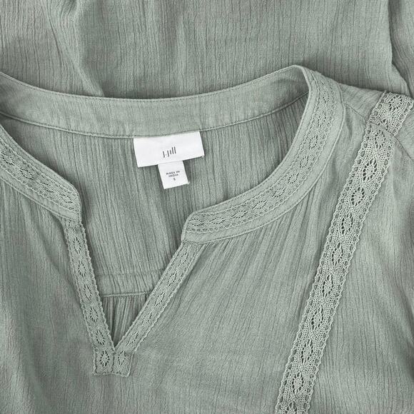 J. Jill Blouse Size S Green Boho Crinkle Texture Oversized Crochet Lace Trim - Picture 2 of 11
